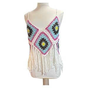 Rebellion Pink and Blue crochet Cropped Asymmetrical Tank Top